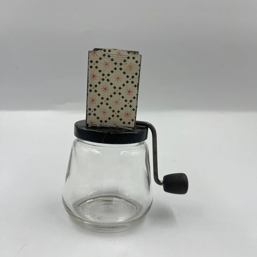 Vintage Androck Nut Chopper Glass Jar Hand Crank Metal Starburst Pattern USA
